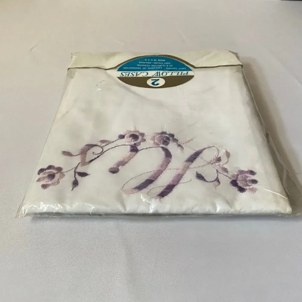 Vtg His Hers Pillowcases Set 2 Purple Floral Embroidery Cotton NIP Cottagecore